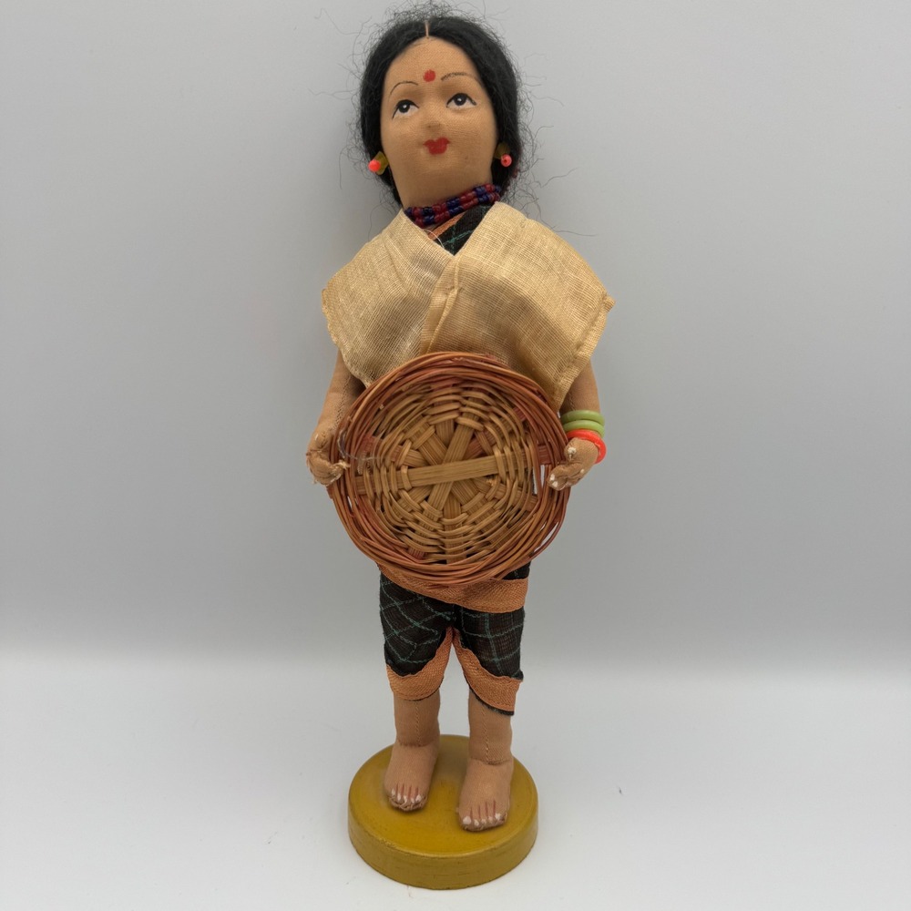 Vintage Folk Art Doll‎ Woman Holding Basket Ethnic Traditional Outfit